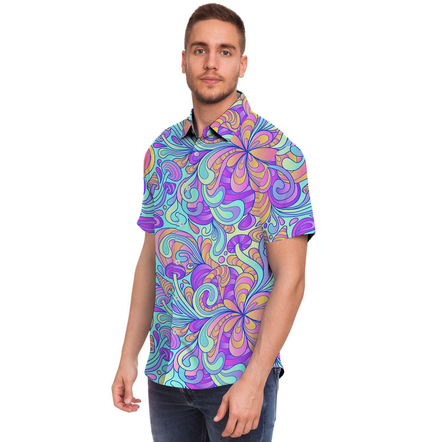 Holographic Floral Psychedelic Men Print Short Sleeve Button-Up Shirts