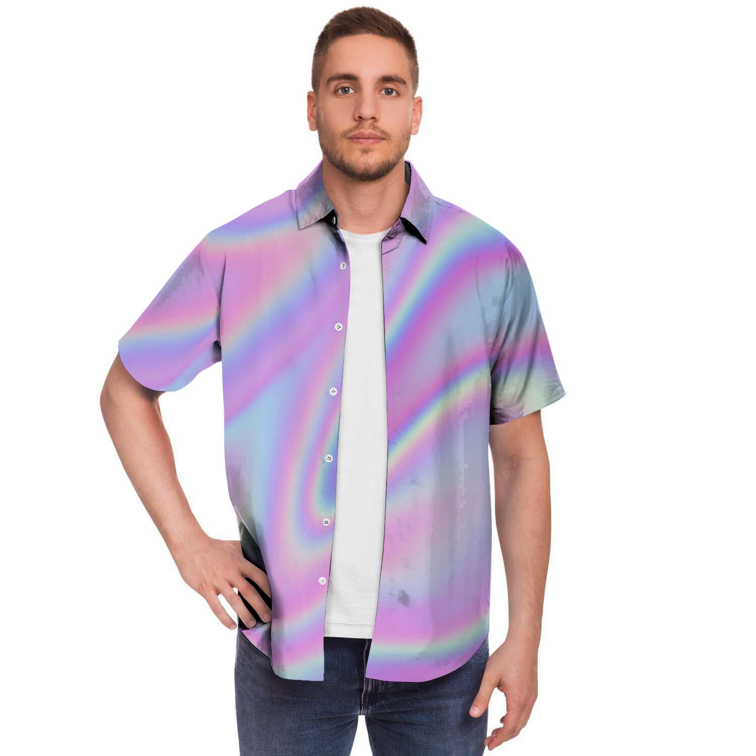 Holographic Men Print Short Sleeve Button-Up Shirts