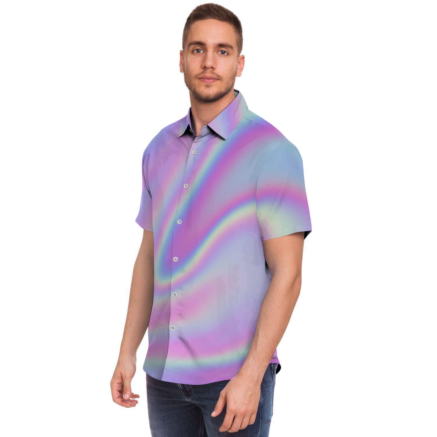 Holographic Men Print Short Sleeve Button-Up Shirts