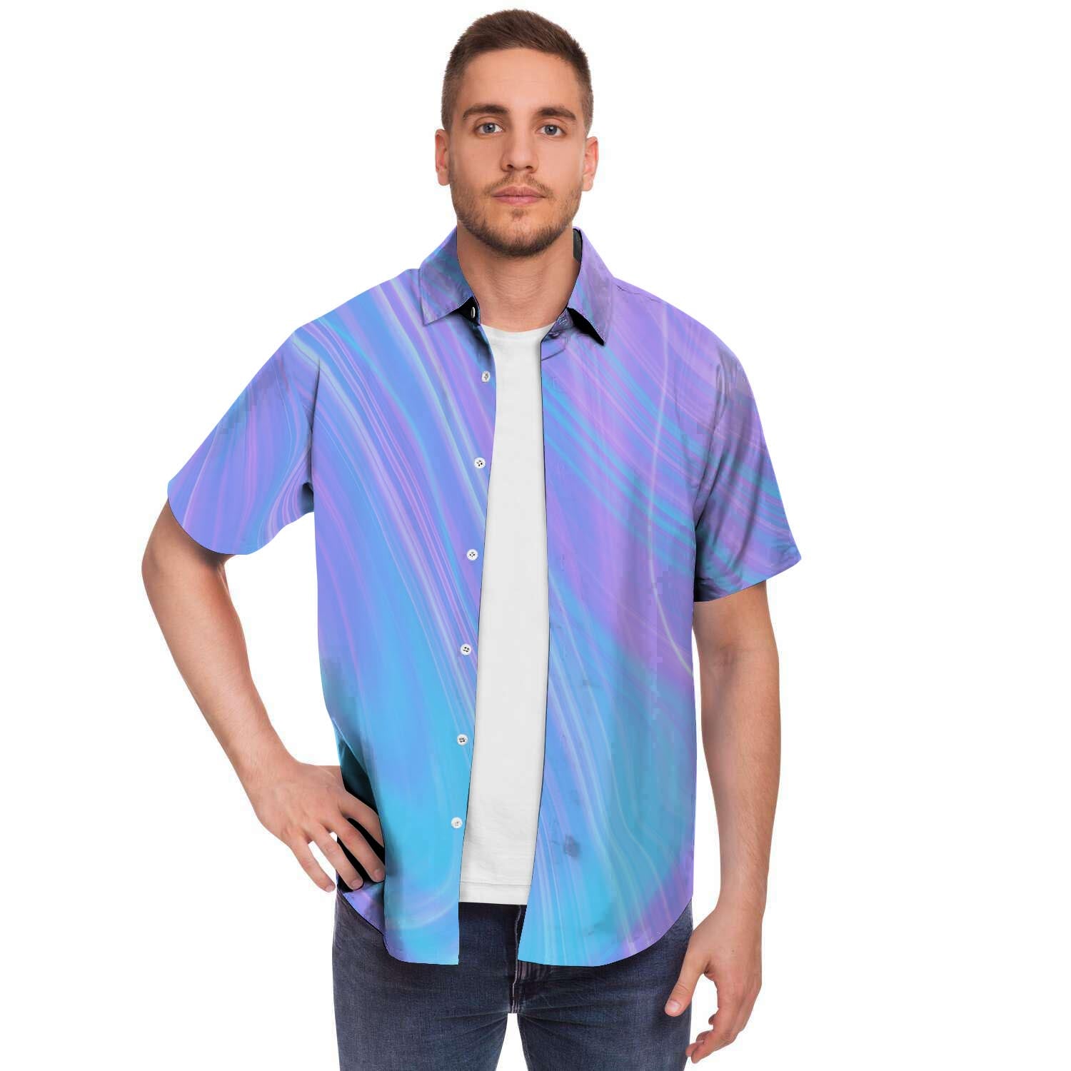 Holographic Print Men Print Short Sleeve Button-Up Shirts