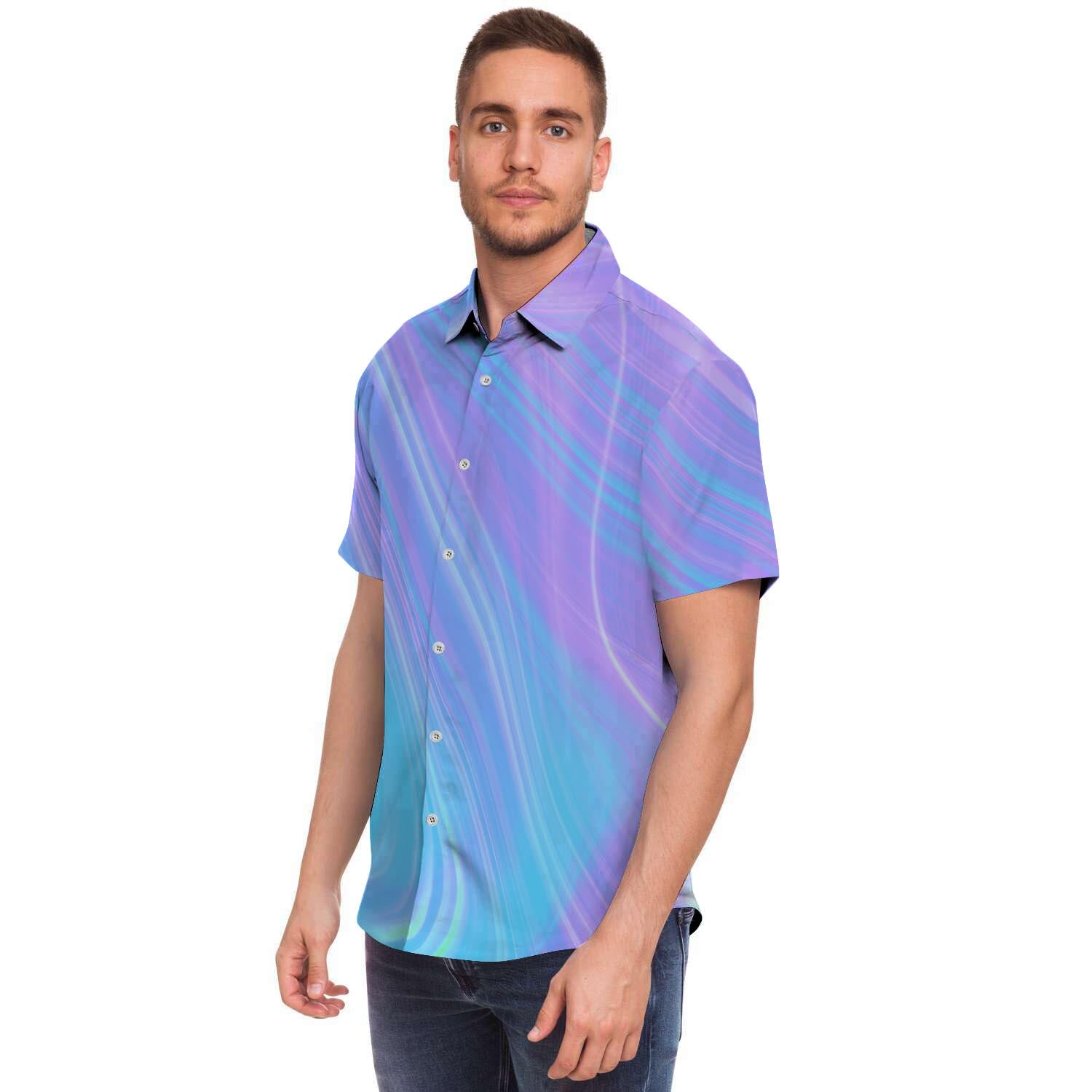 Holographic Print Men Print Short Sleeve Button-Up Shirts