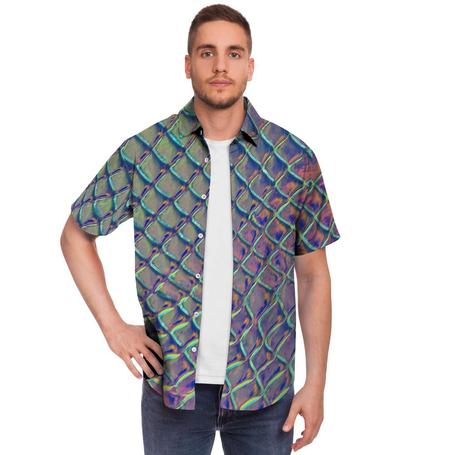 Holographic Snakeskin Print Men Print Short Sleeve Button-Up Shirts