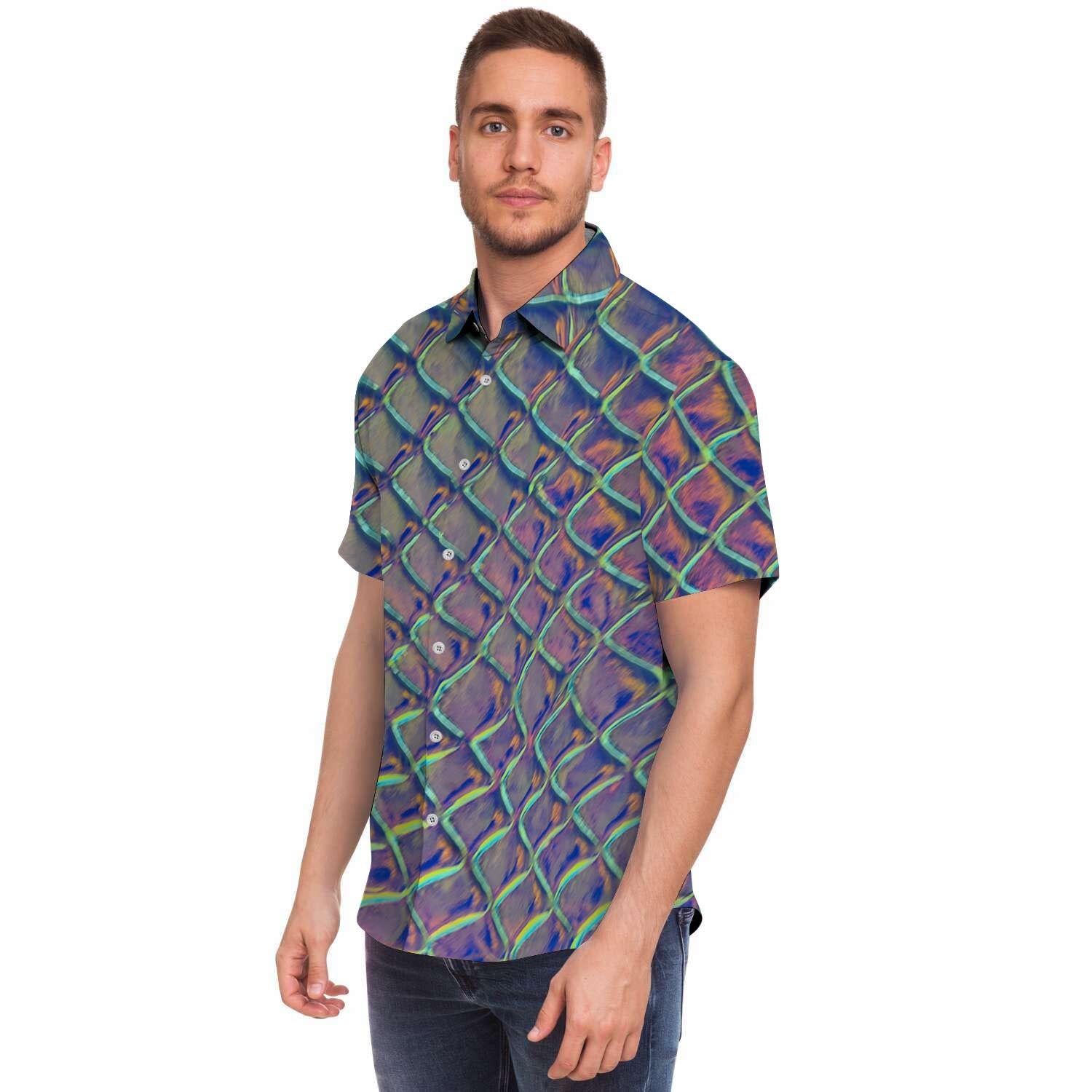 Holographic Snakeskin Print Men Print Short Sleeve Button-Up Shirts