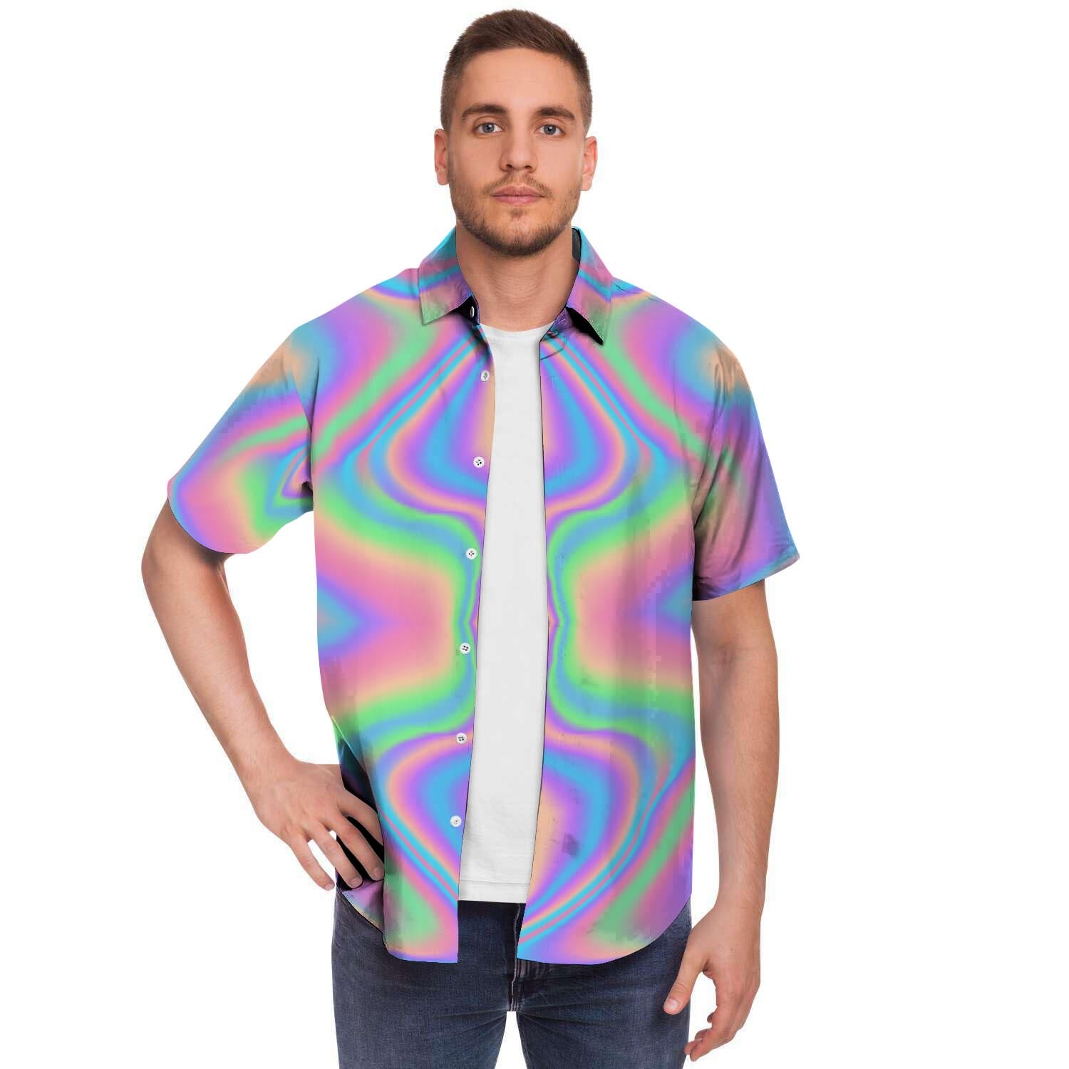 Holographic Trippy Men Print Short Sleeve Button-Up Shirts