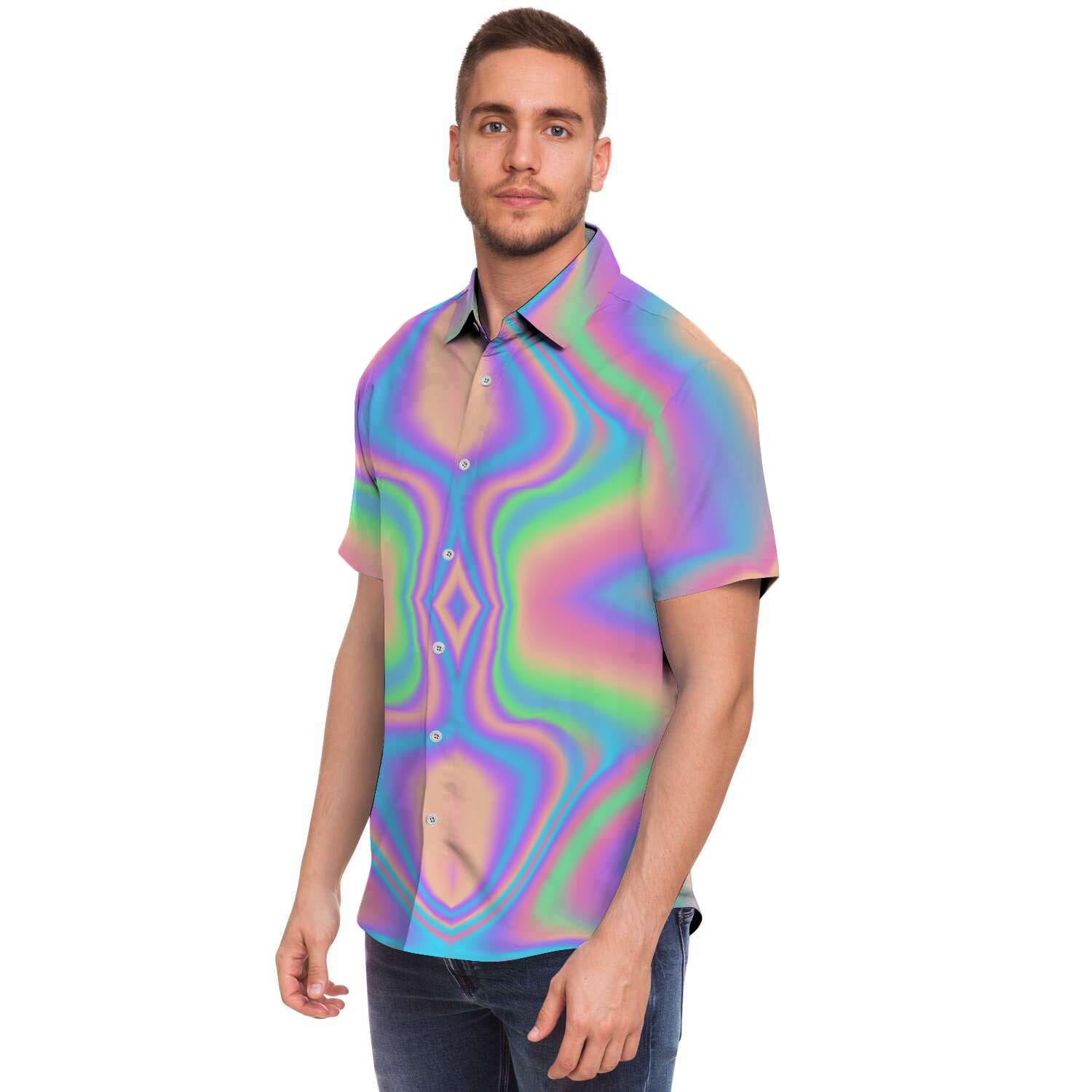 Holographic Trippy Men Print Short Sleeve Button-Up Shirts