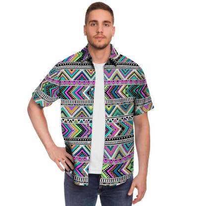 Indian Aztec Men Print Short Sleeve Button-Up Shirts