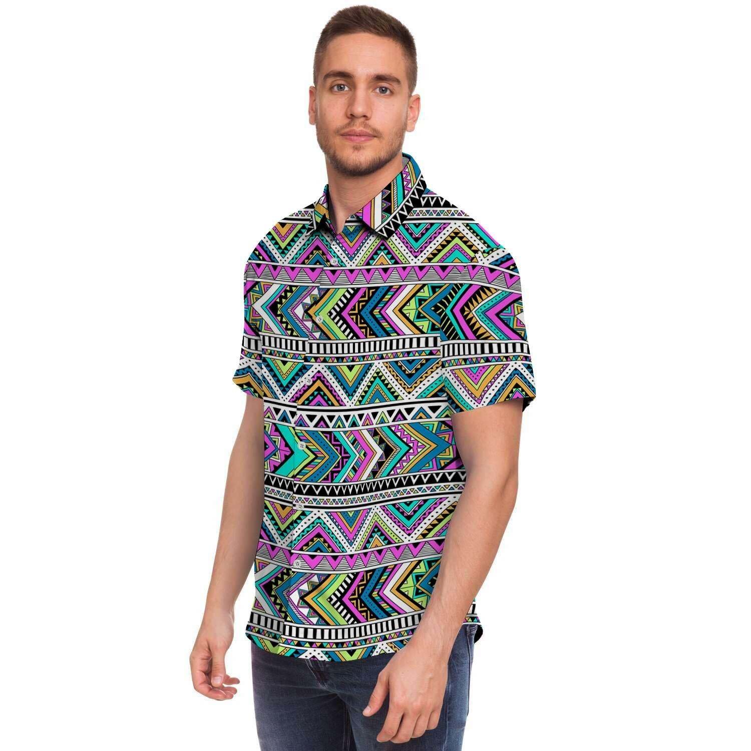 Indian Aztec Men Print Short Sleeve Button-Up Shirts