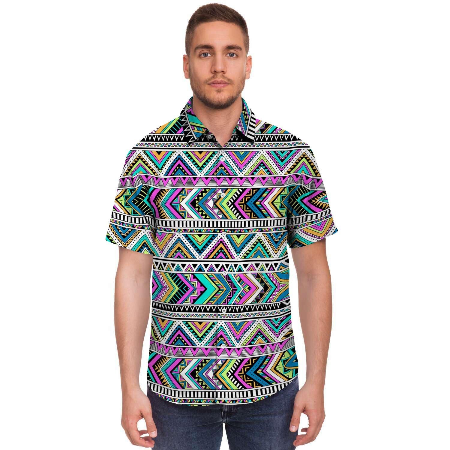 Indian Aztec Men Print Short Sleeve Button-Up Shirts