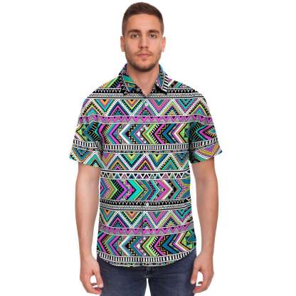 Indian Aztec Men Print Short Sleeve Button-Up Shirts