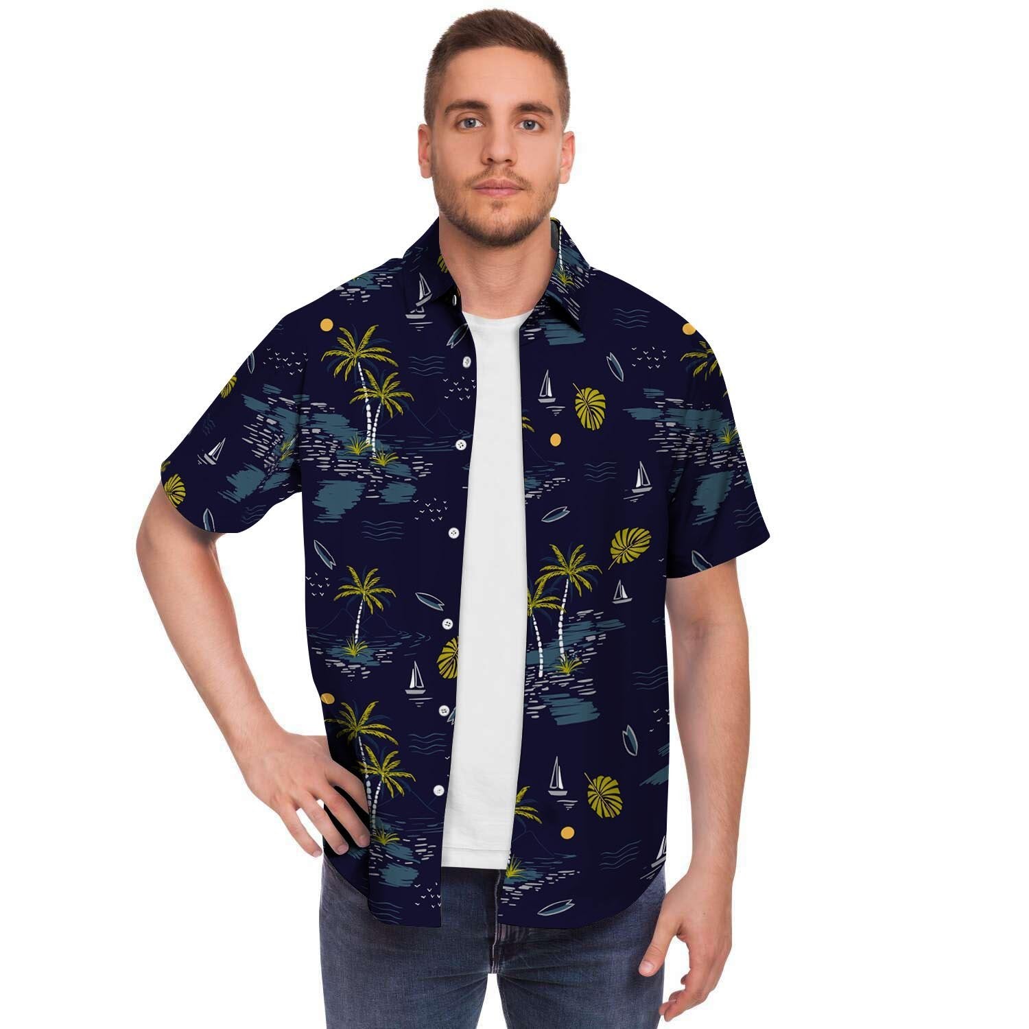 Island Palm Tree Hawaiian Print Men Print Short Sleeve Button-Up Shirts