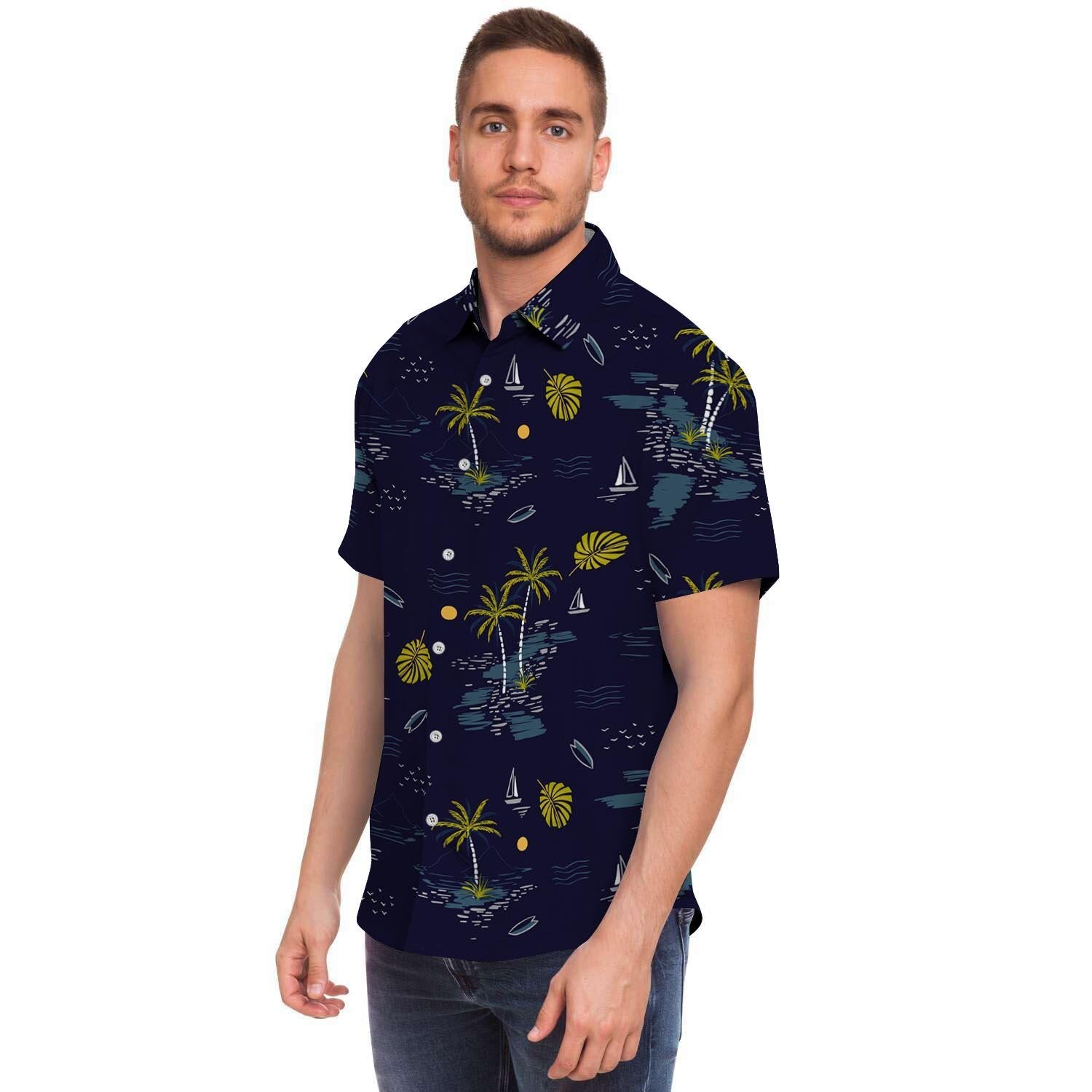 Island Palm Tree Hawaiian Print Men Print Short Sleeve Button-Up Shirts