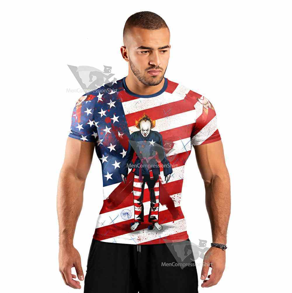 It Pennywise America Flag Horror Mens Short Sleeve Rash Guard