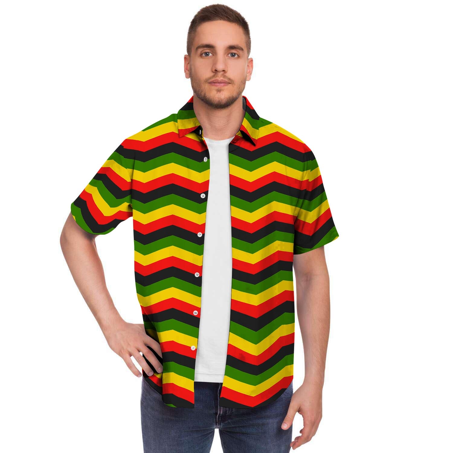 Jamaica Reggae Rasta Men Print Short Sleeve Button-Up Shirts