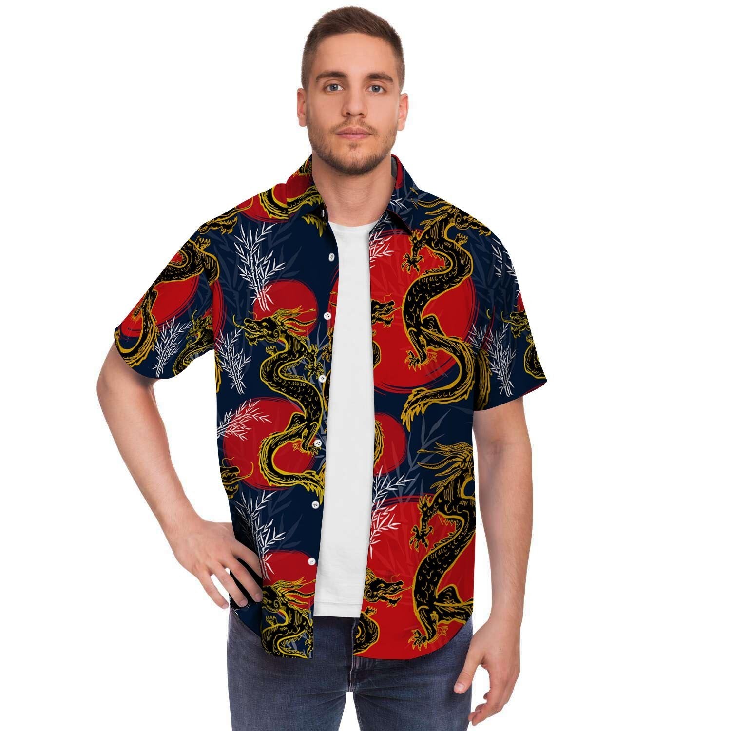 Janpanese Dragon Print Men Print Short Sleeve Button-Up Shirts