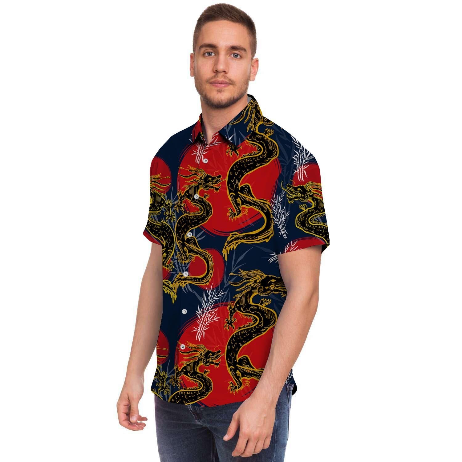 Janpanese Dragon Print Men Print Short Sleeve Button-Up Shirts