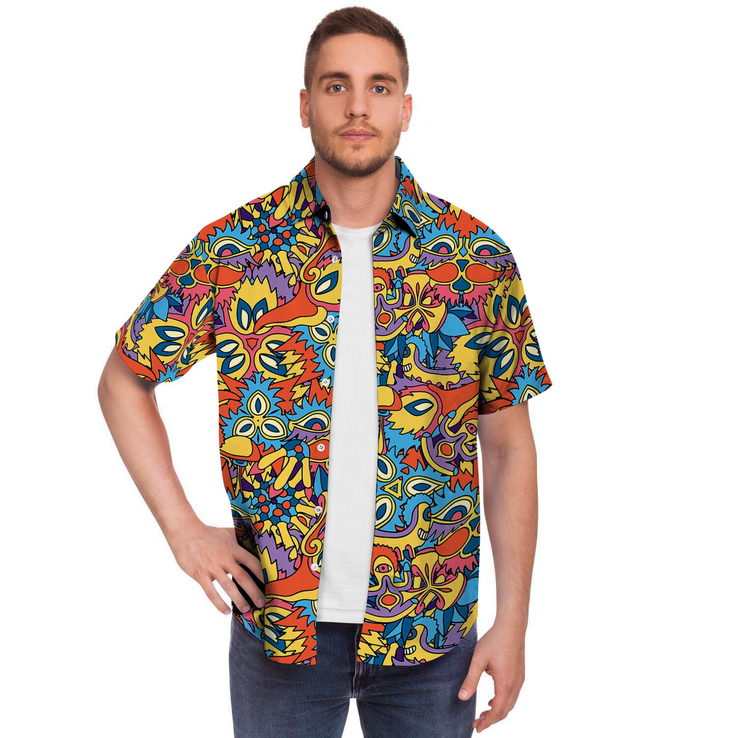 Jungle Hippie Psychedelic Trippy Men Print Short Sleeve Button-Up Shirts