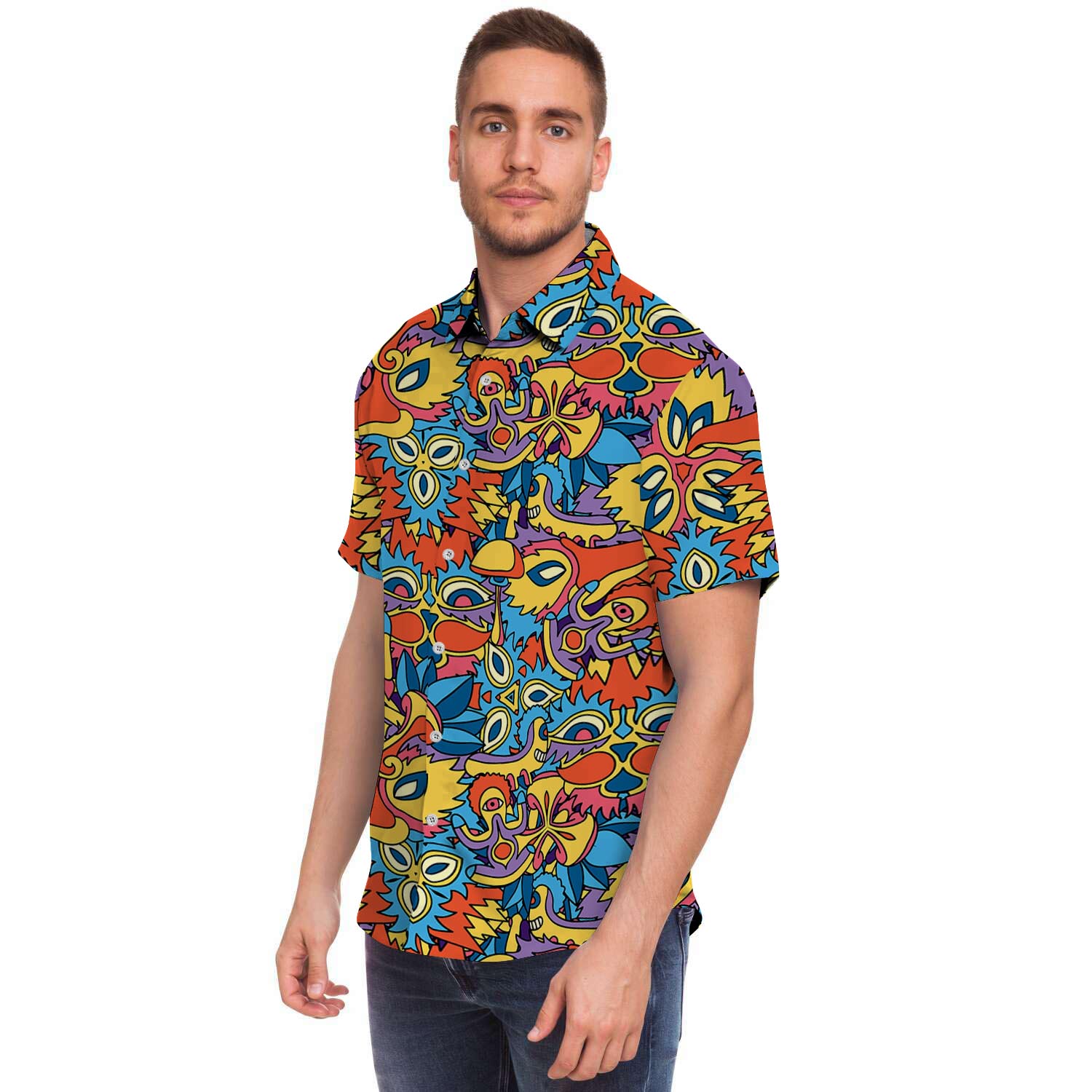 Jungle Hippie Psychedelic Trippy Men Print Short Sleeve Button-Up Shirts