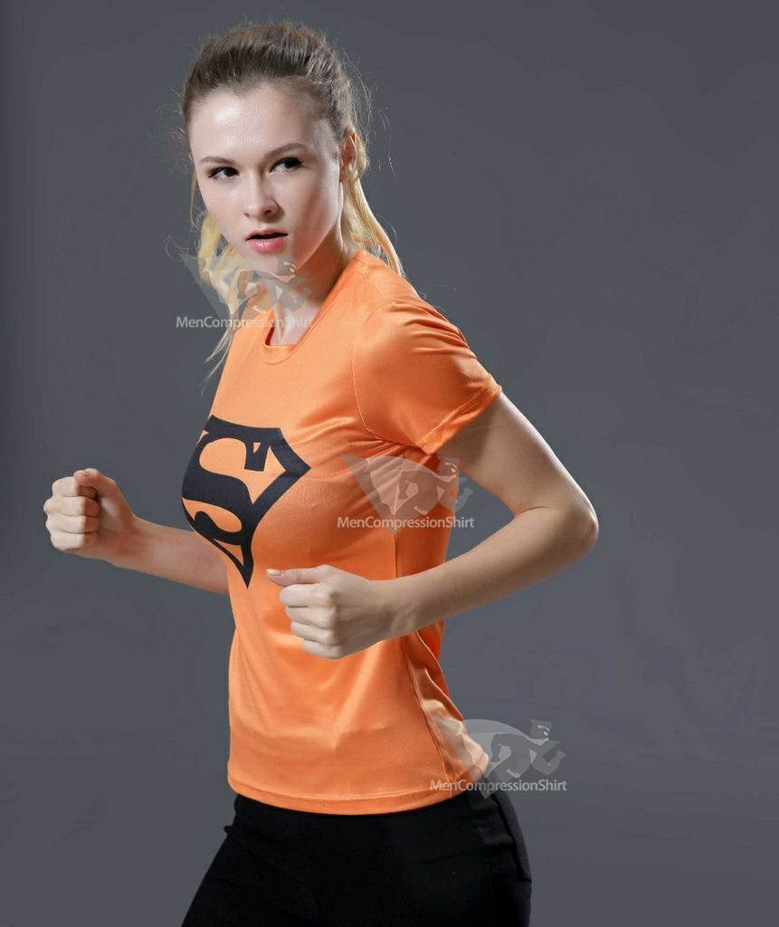 Kara Short Sleeve Orange Compression Shirt For Women