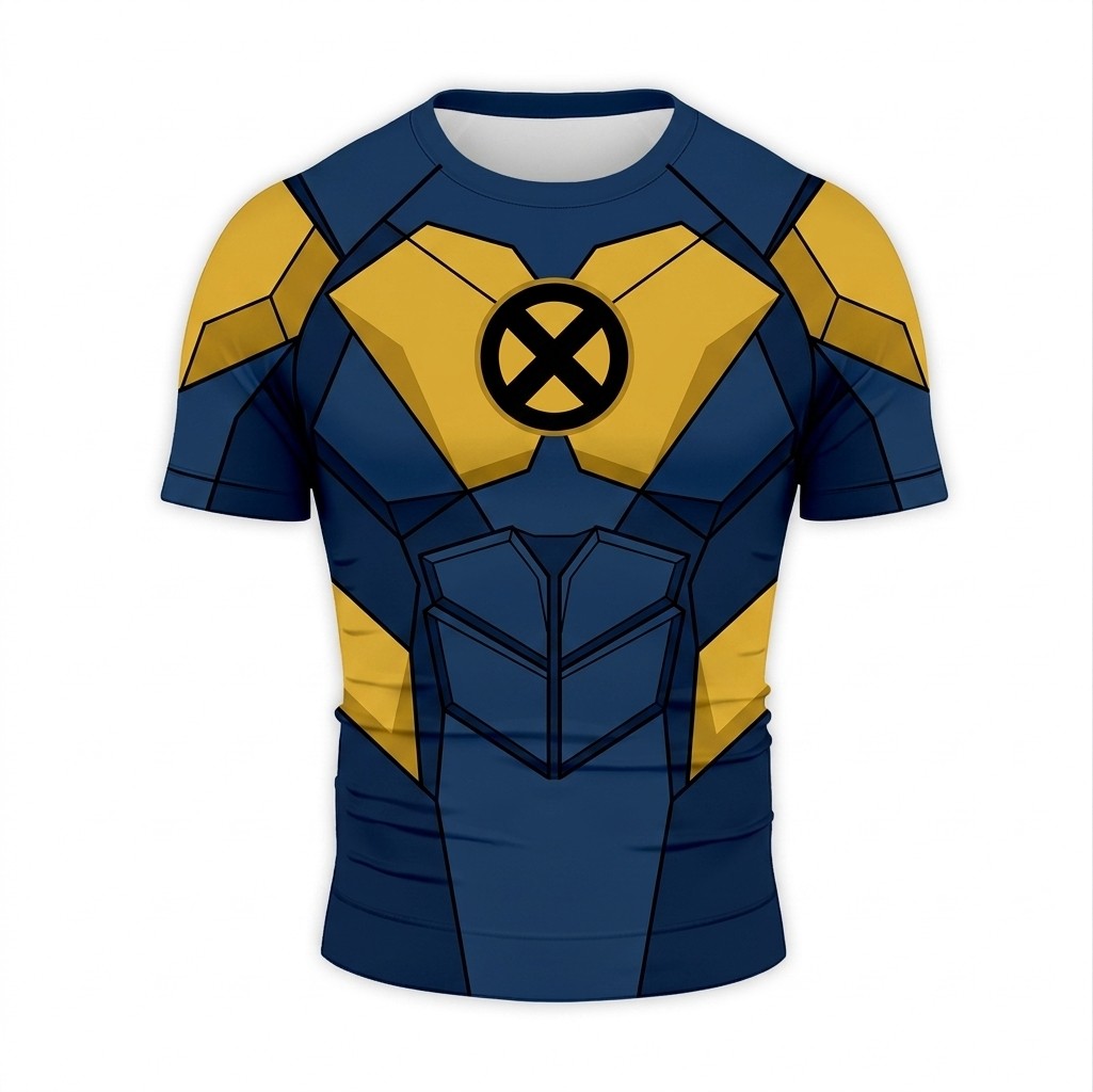 Kitty Pryde X Men Shadowcat Superhero Shadow Stalker Hexagonal Mesh Blue And Gold Short Sleeve Compression Shirt