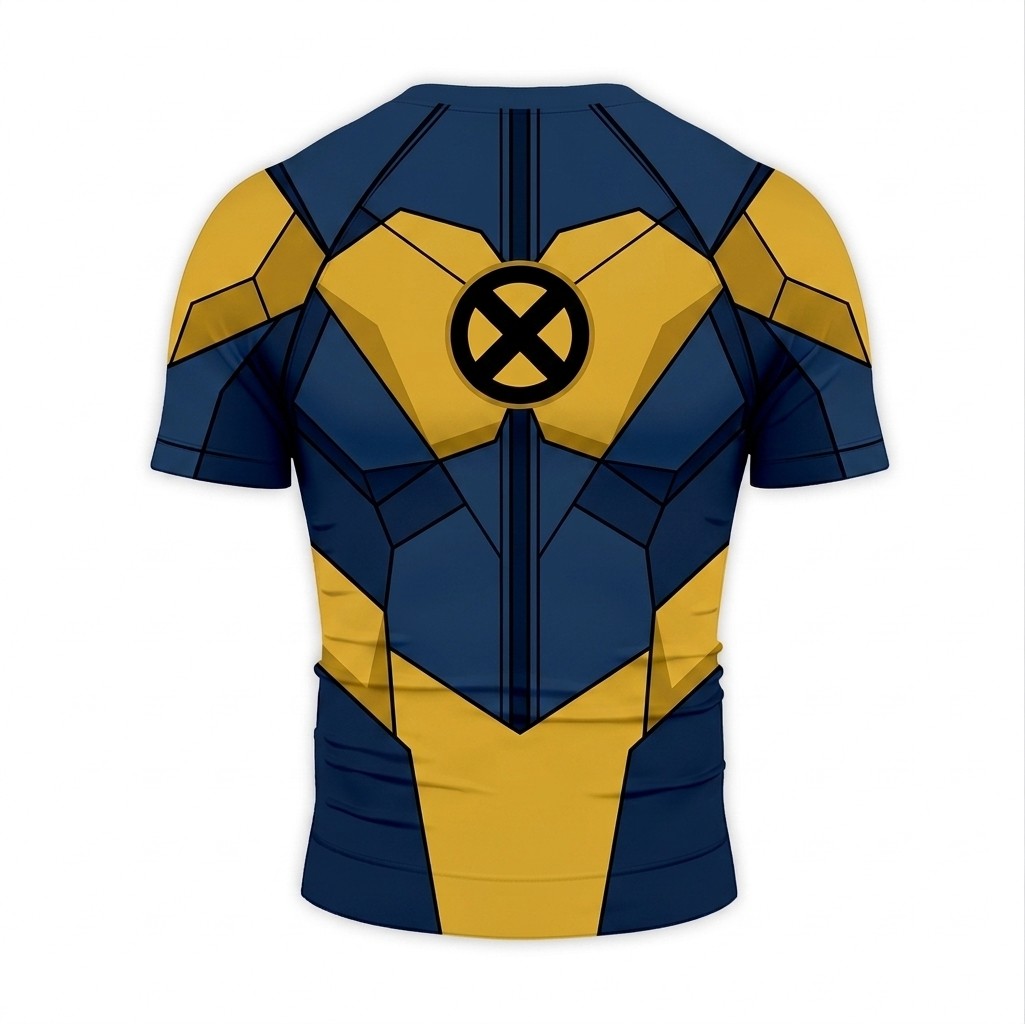 Kitty Pryde X Men Shadowcat Superhero Shadow Stalker Hexagonal Mesh Blue And Gold Short Sleeve Compression Shirt