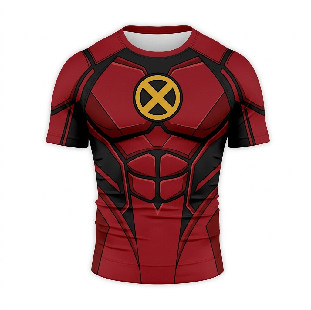 Kurt Wagner X Men Nightcrawler Superhero Mecha Core Hexagonal Mesh Red And Black Short Sleeve Compression Shirt