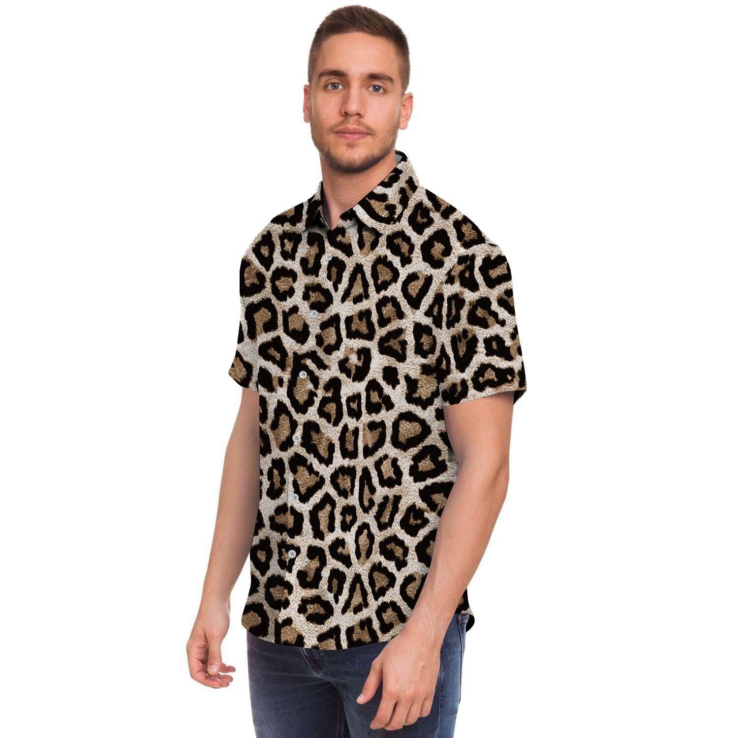 Leopard Men Print Short Sleeve Button-Up Shirts