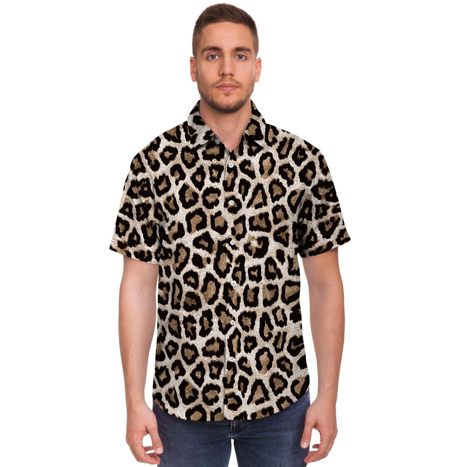 Leopard Men Print Short Sleeve Button-Up Shirts