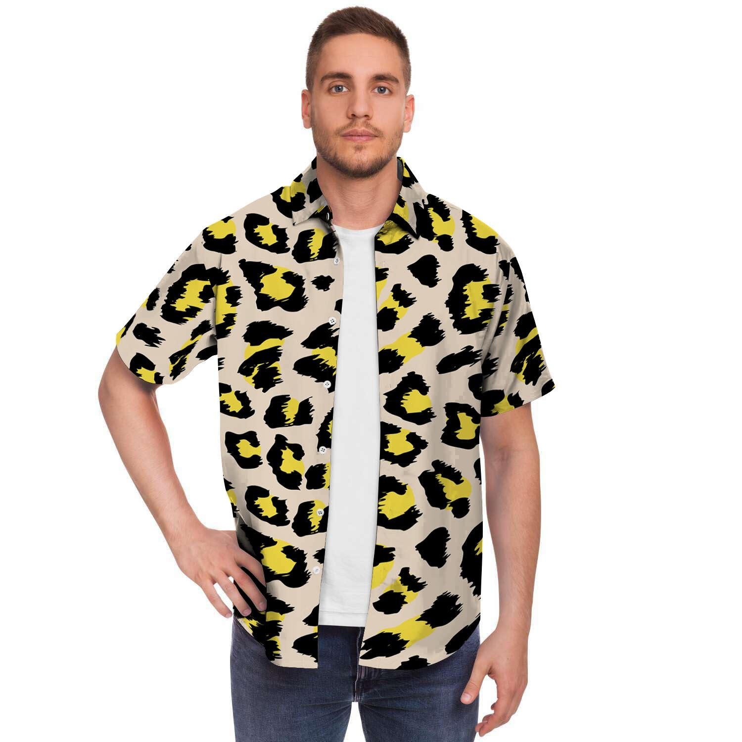 Leopard Print Men Print Short Sleeve Button-Up Shirts
