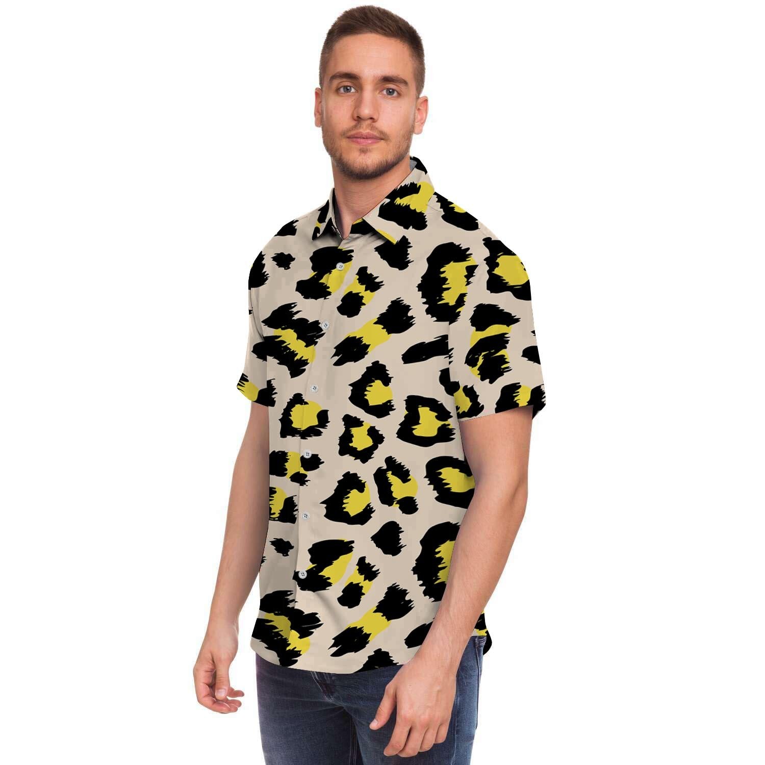 Leopard Print Men Print Short Sleeve Button-Up Shirts