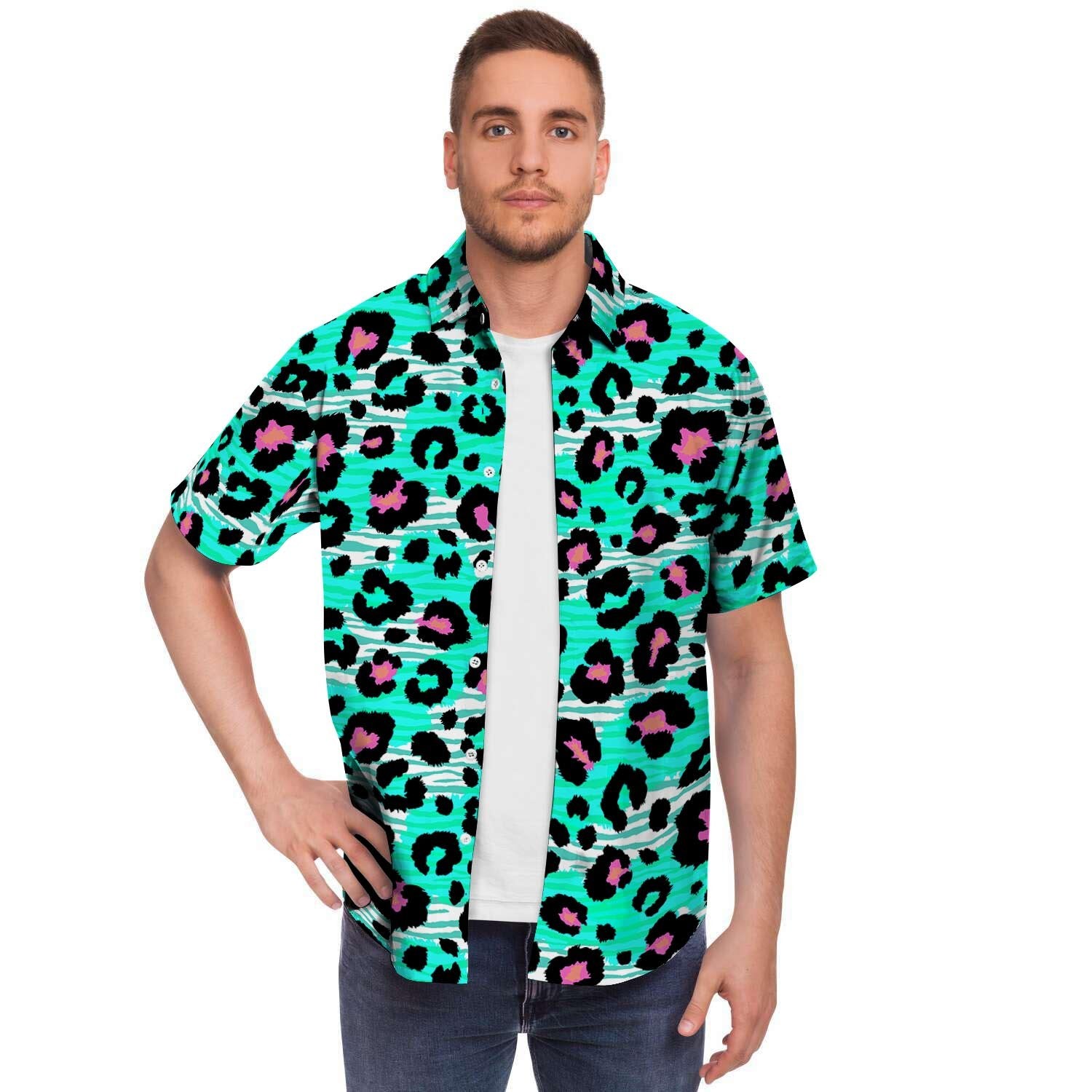Leopard Zebra Print Men Print Short Sleeve Button-Up Shirts