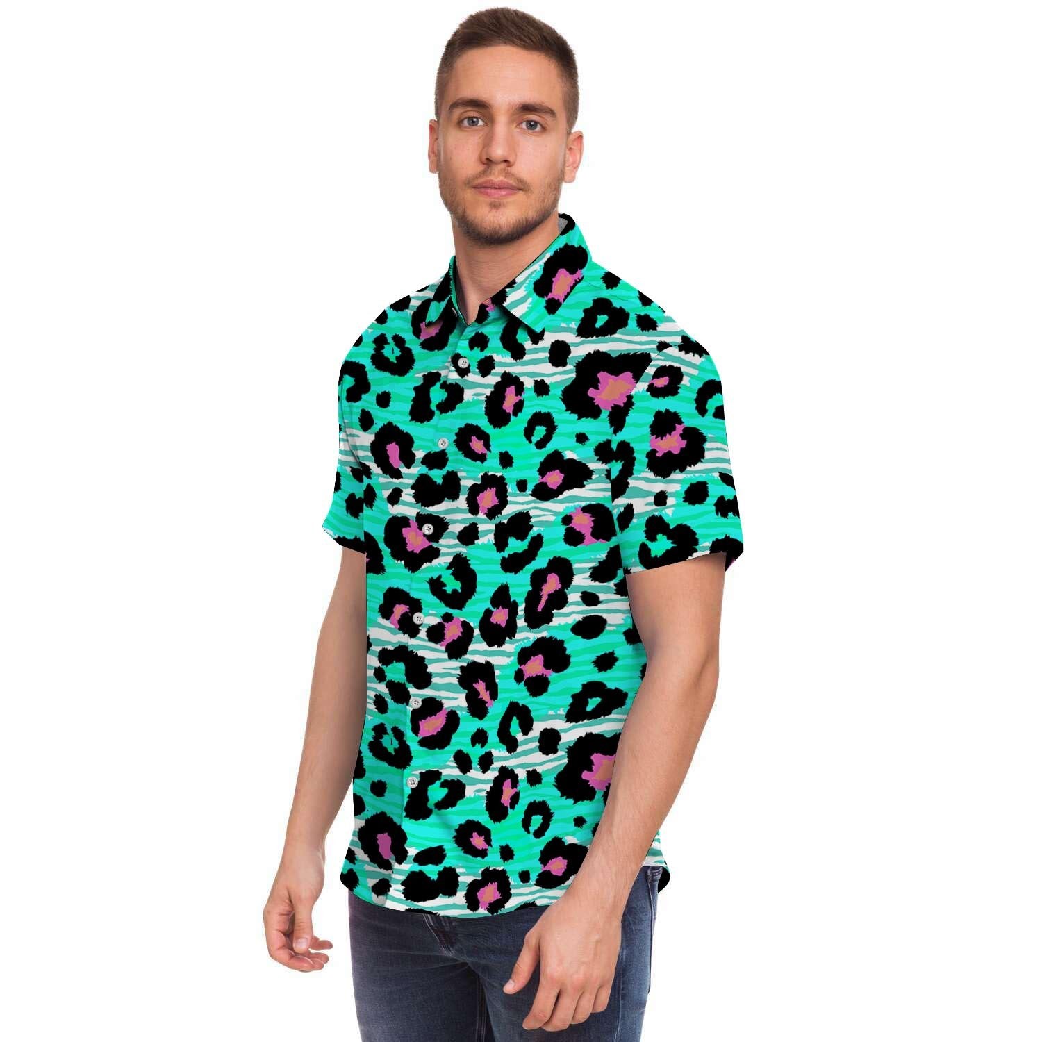 Leopard Zebra Print Men Print Short Sleeve Button-Up Shirts