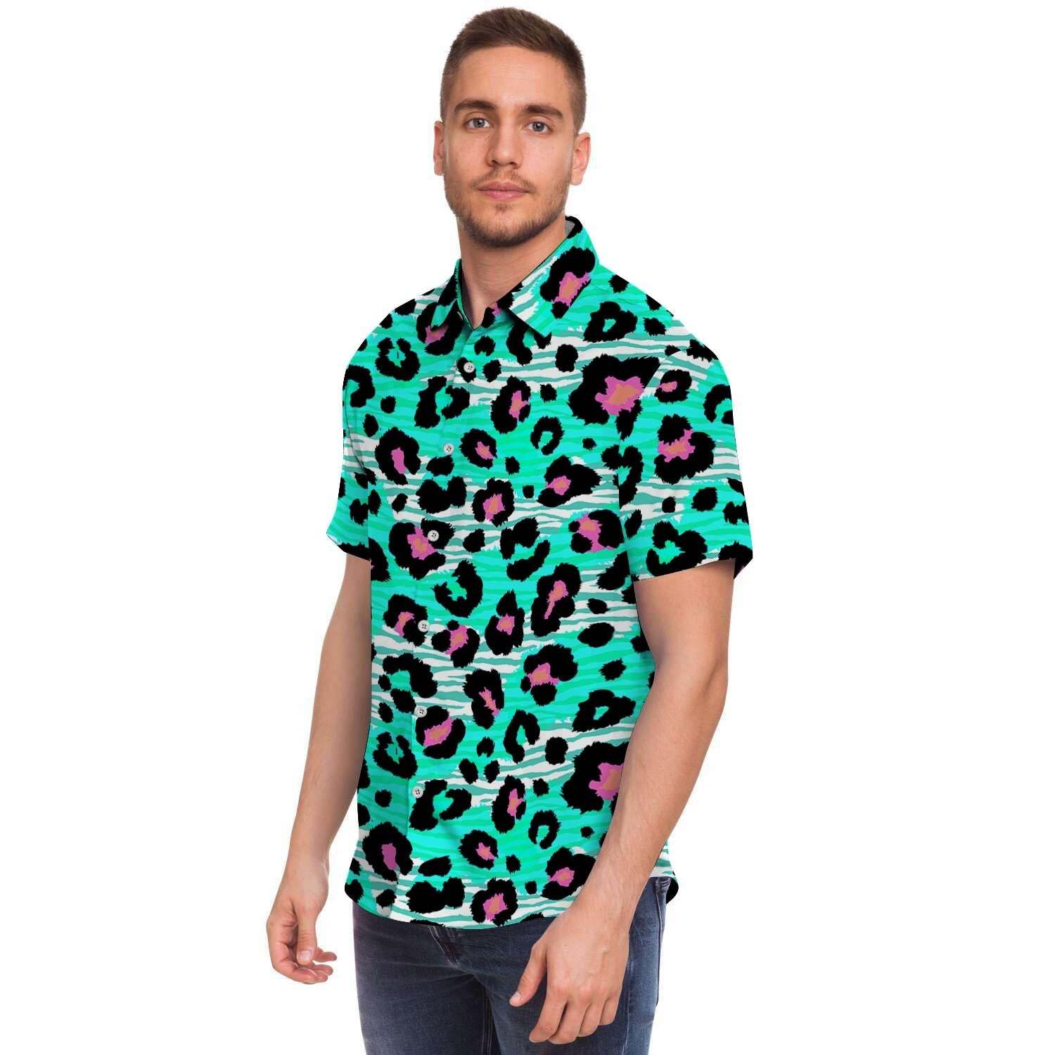 Leopard Zebra Print Men Print Short Sleeve Button-Up Shirts
