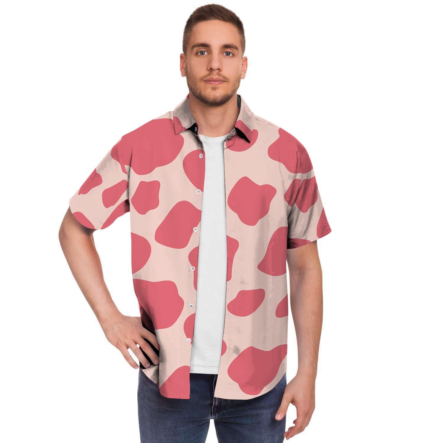 Light Pink Cow Print Men Print Short Sleeve Button-Up Shirts