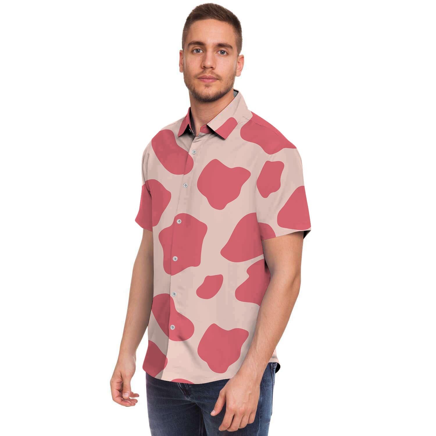Light Pink Cow Print Men Print Short Sleeve Button-Up Shirts