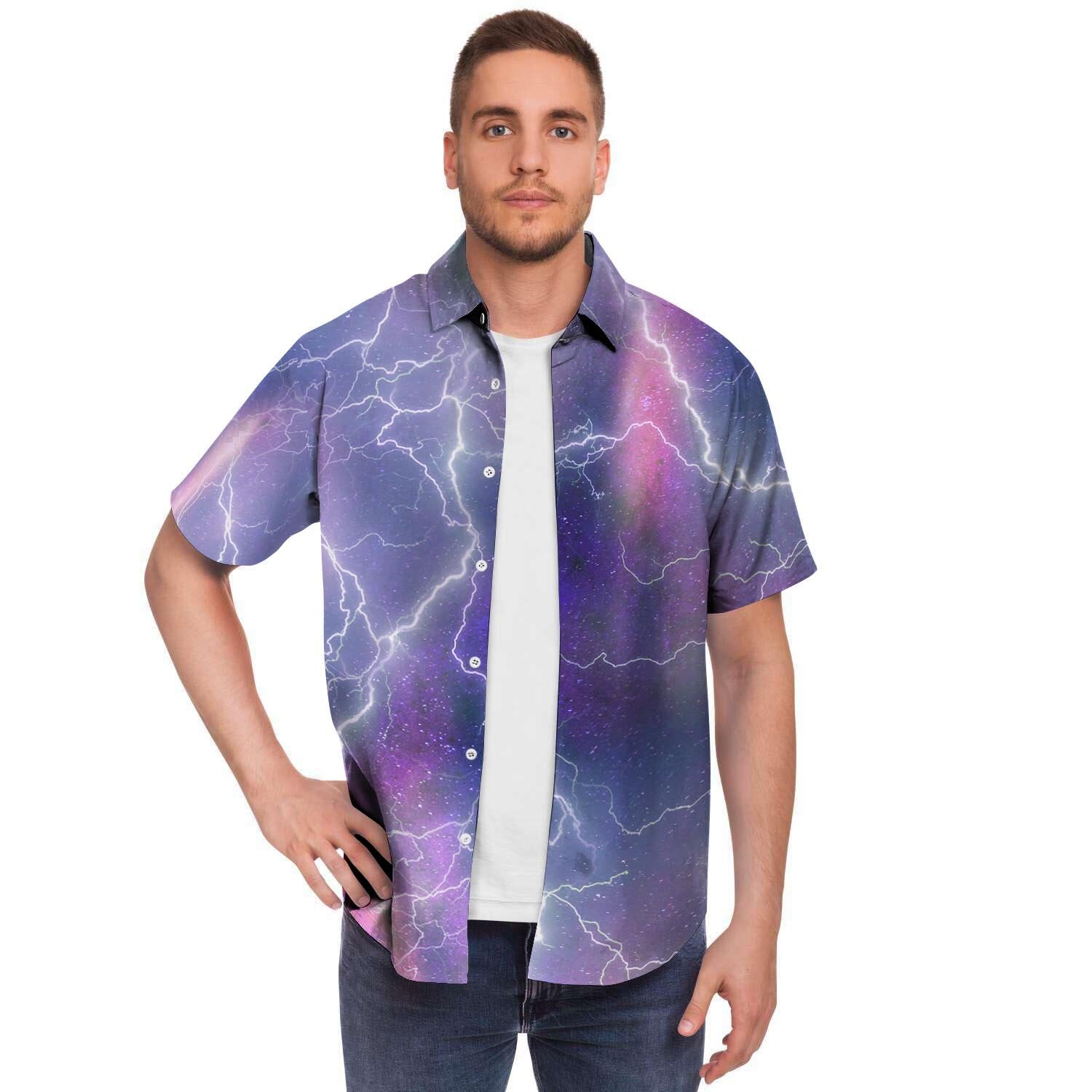 Lightning Aurora Galaxy Space Men Print Short Sleeve Button-Up Shirts