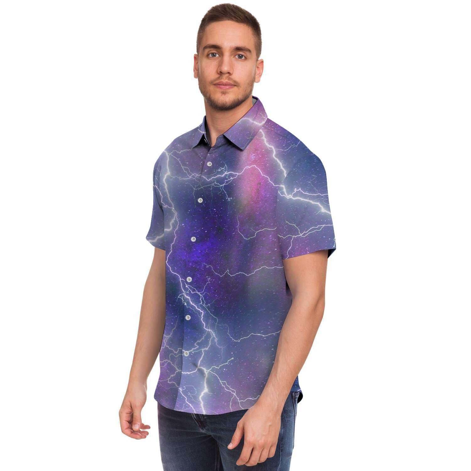 Lightning Aurora Galaxy Space Men Print Short Sleeve Button-Up Shirts