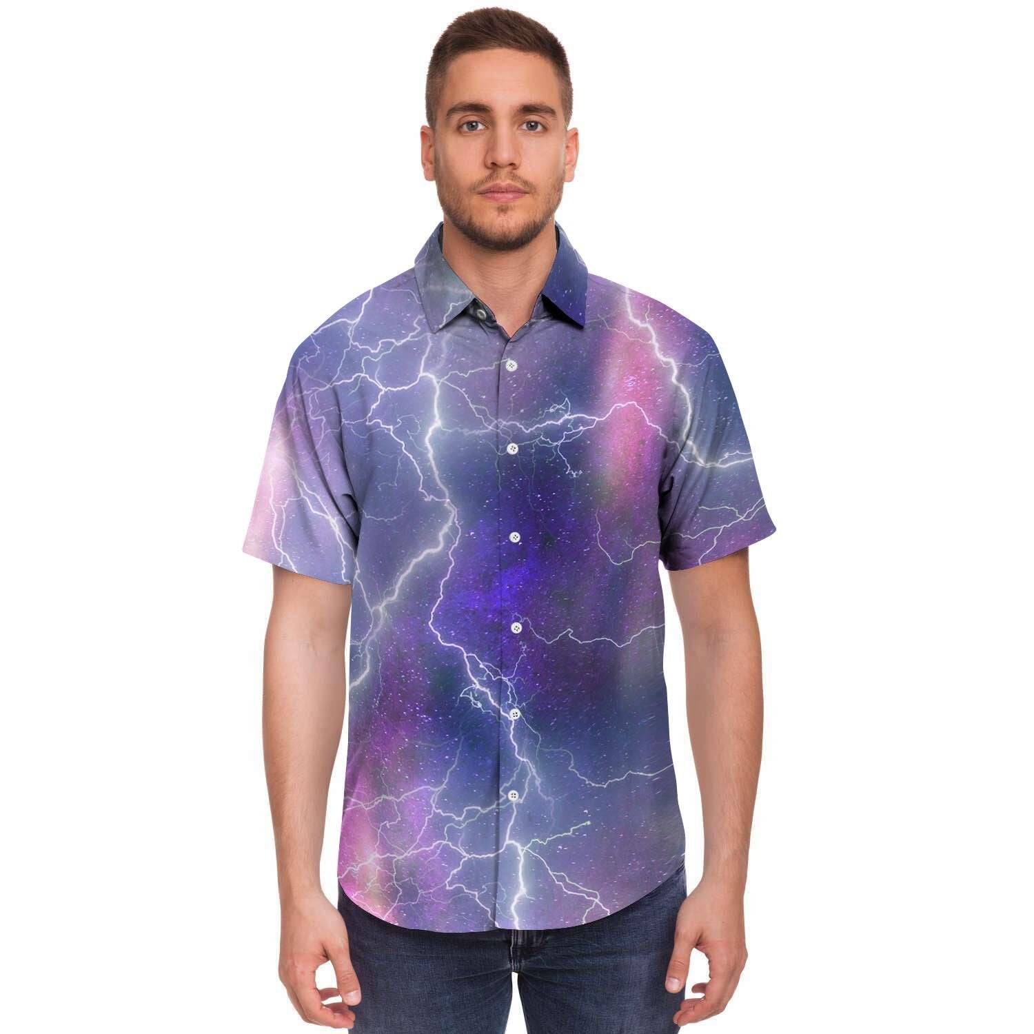 Lightning Aurora Galaxy Space Men Print Short Sleeve Button-Up Shirts