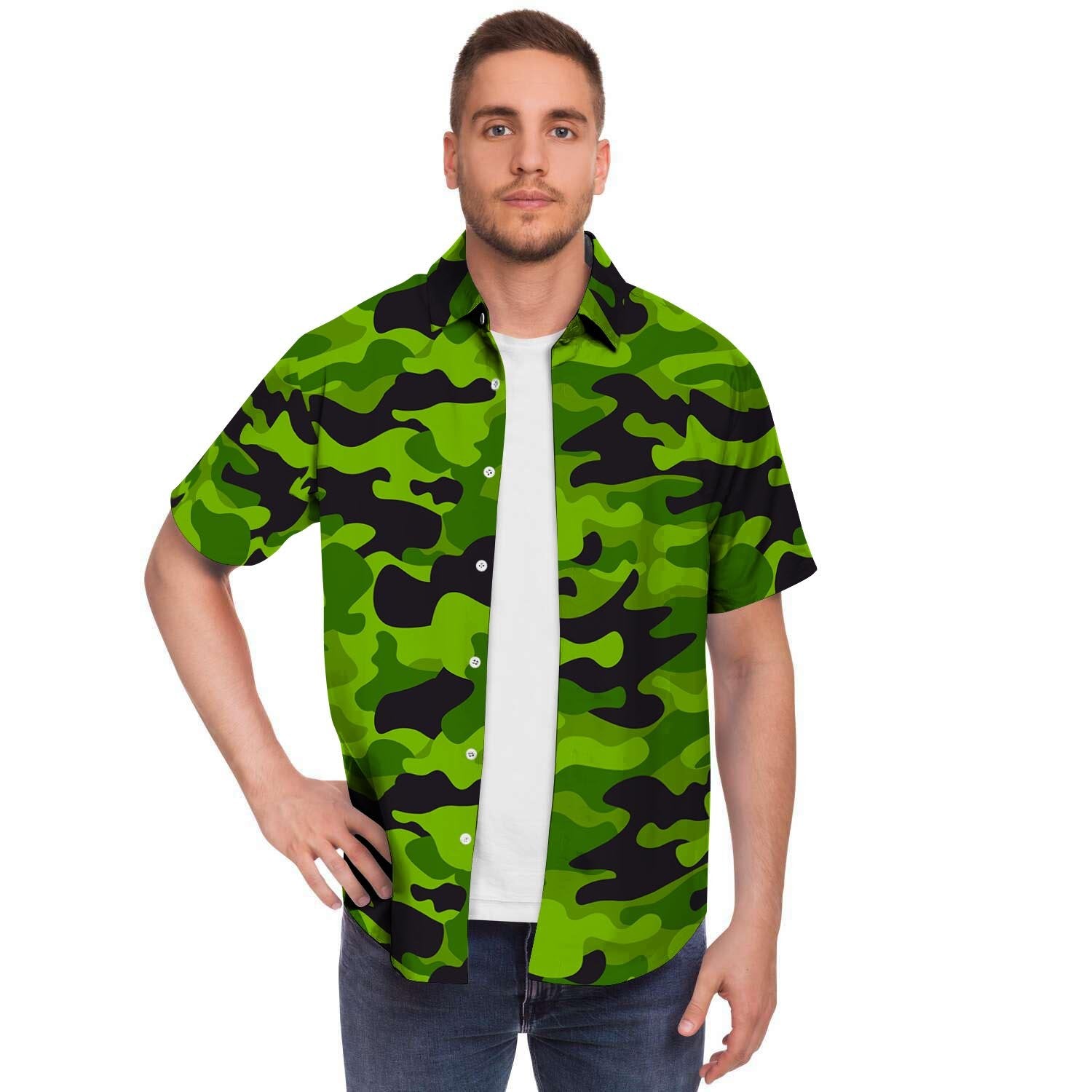 Lime Green Camo Print Men Print Short Sleeve Button-Up Shirts