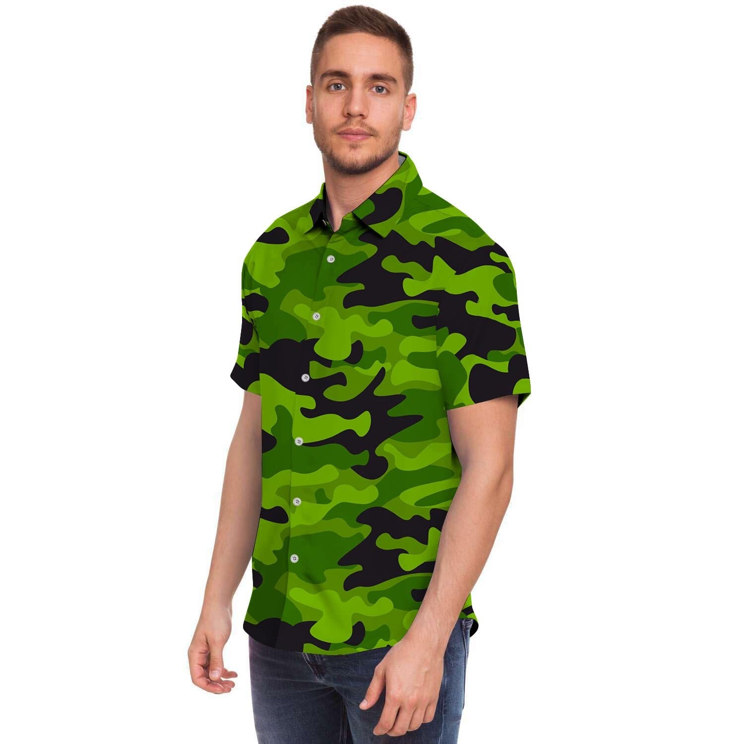 Lime Green Camo Print Men Print Short Sleeve Button-Up Shirts