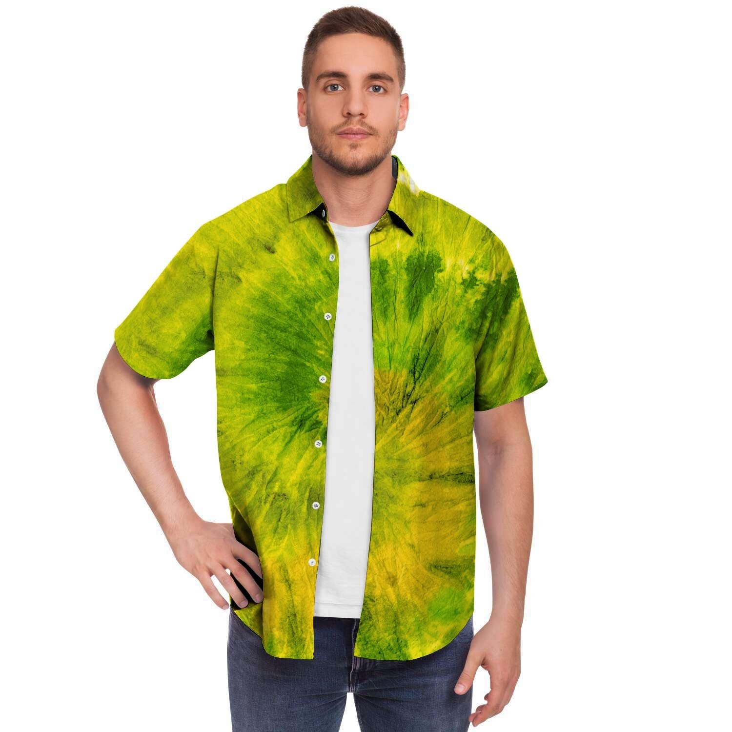 Lime Green Tie Dye Men Print Short Sleeve Button-Up Shirts
