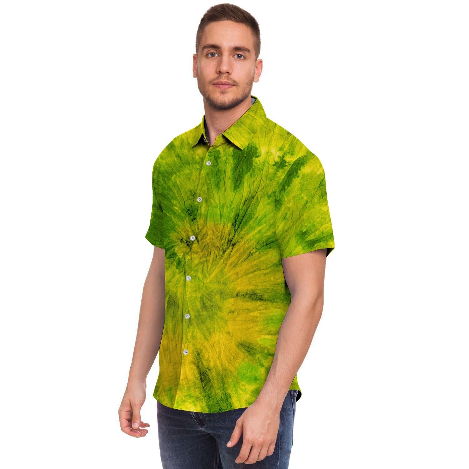 Lime Green Tie Dye Men Print Short Sleeve Button-Up Shirts