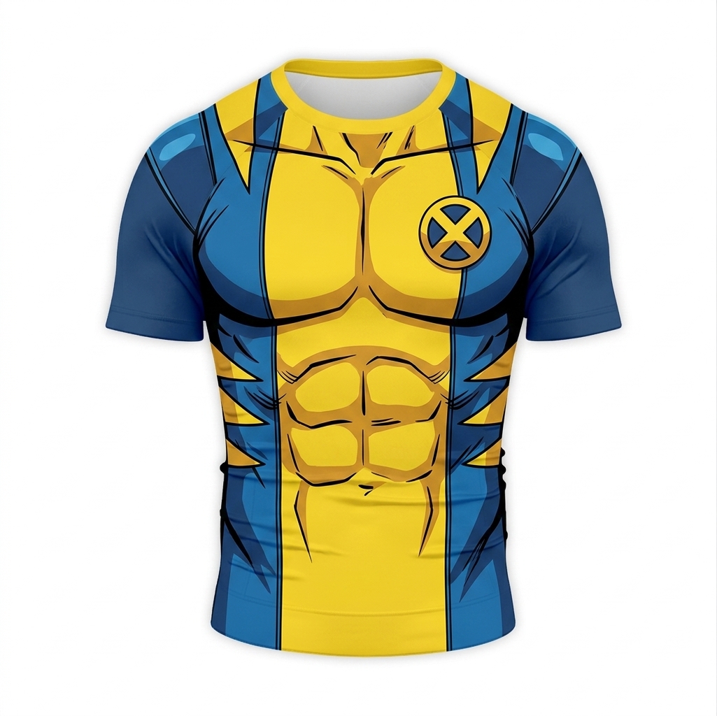 Logan x men Wolverine Superhero Titan Forge Chevron Patterns Blue And Yellow Short Sleeve Compression Shirt