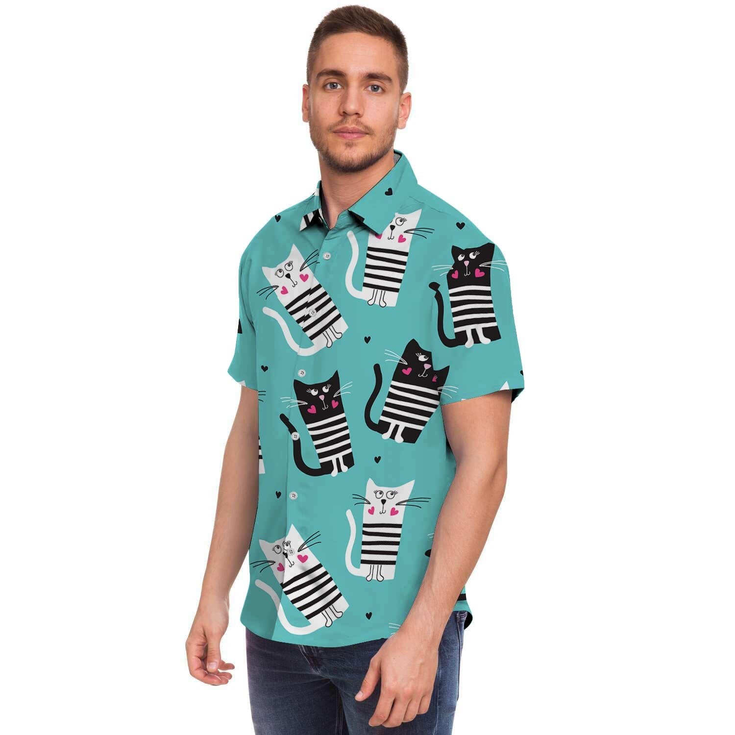 Love Turquoise Cat Print Men Print Short Sleeve Button-Up Shirts