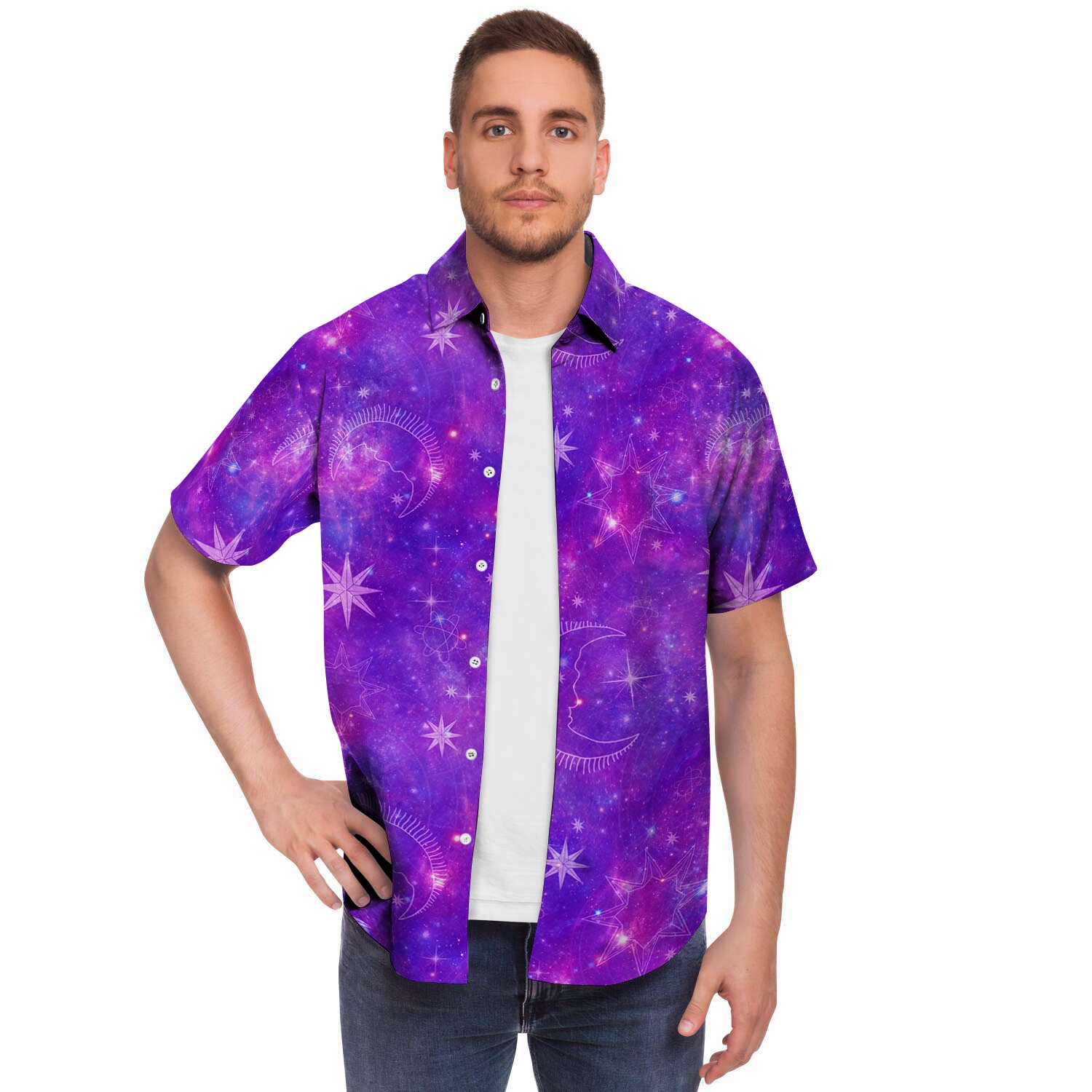 Luna Galaxy Space Men Print Short Sleeve Button-Up Shirts