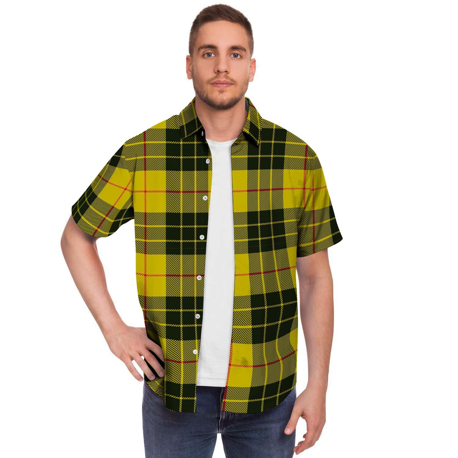 Macleod Yellow Plaid Tartan Men Print Short Sleeve Button-Up Shirts
