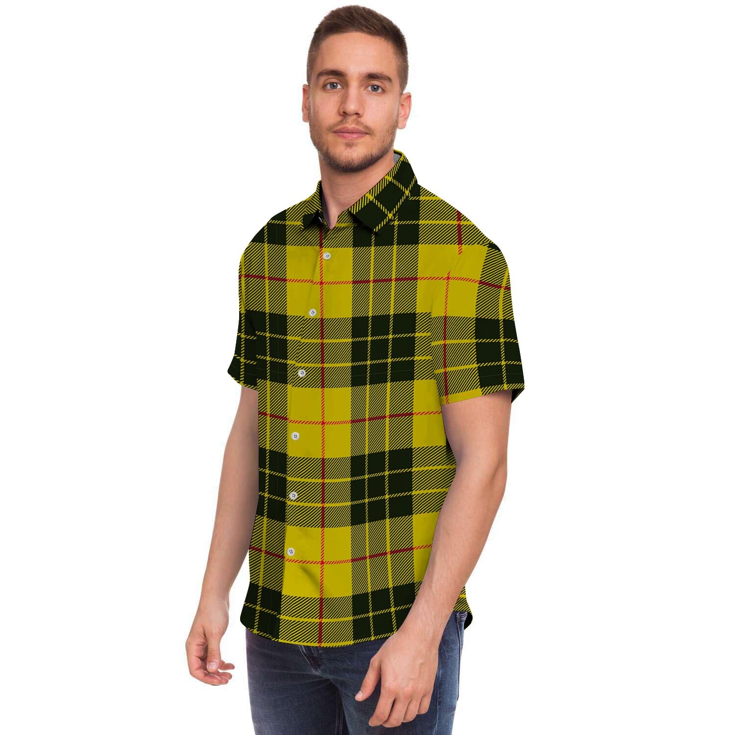 Macleod Yellow Plaid Tartan Men Print Short Sleeve Button-Up Shirts