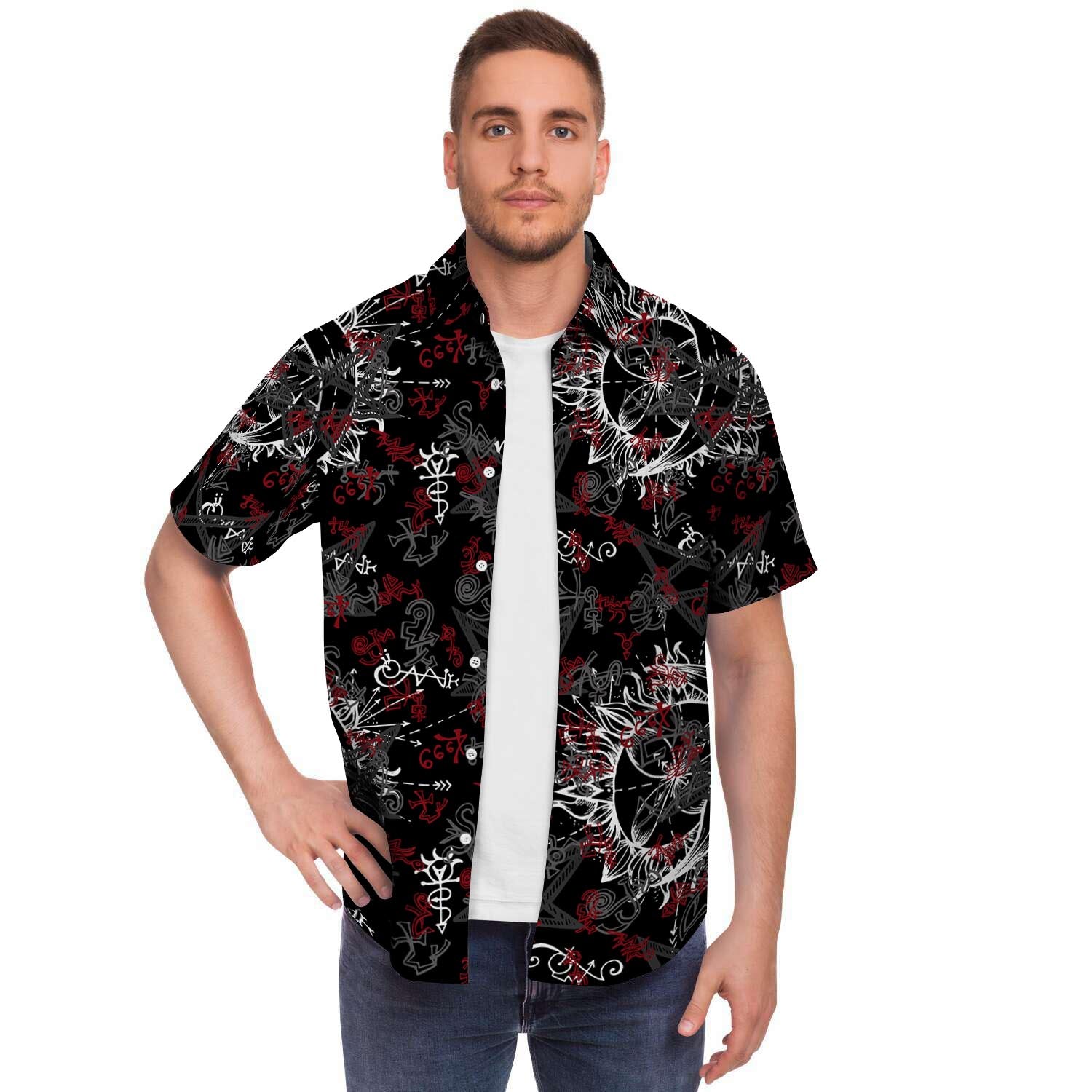 Magic Gothic Witch Men Print Short Sleeve Button-Up Shirts