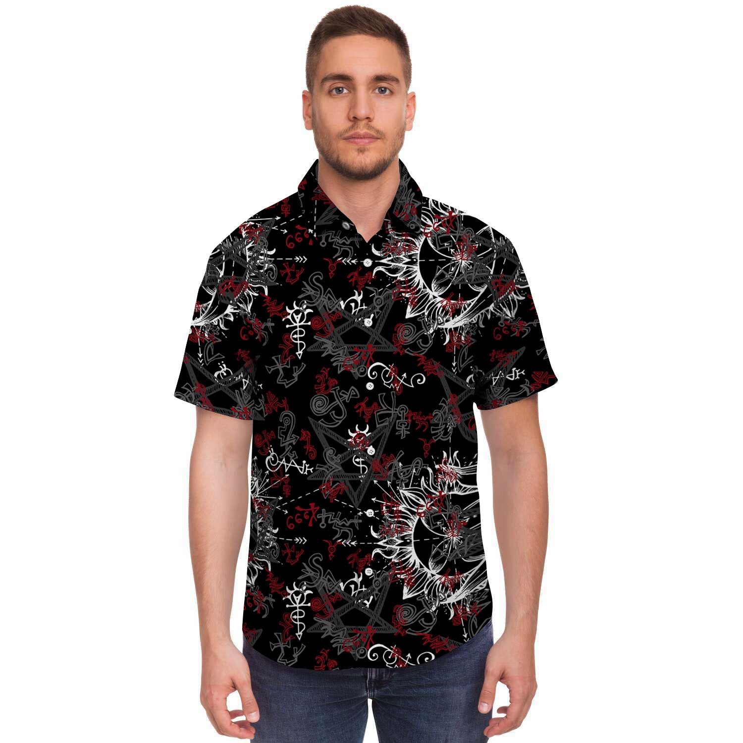 Magic Gothic Witch Men Print Short Sleeve Button-Up Shirts
