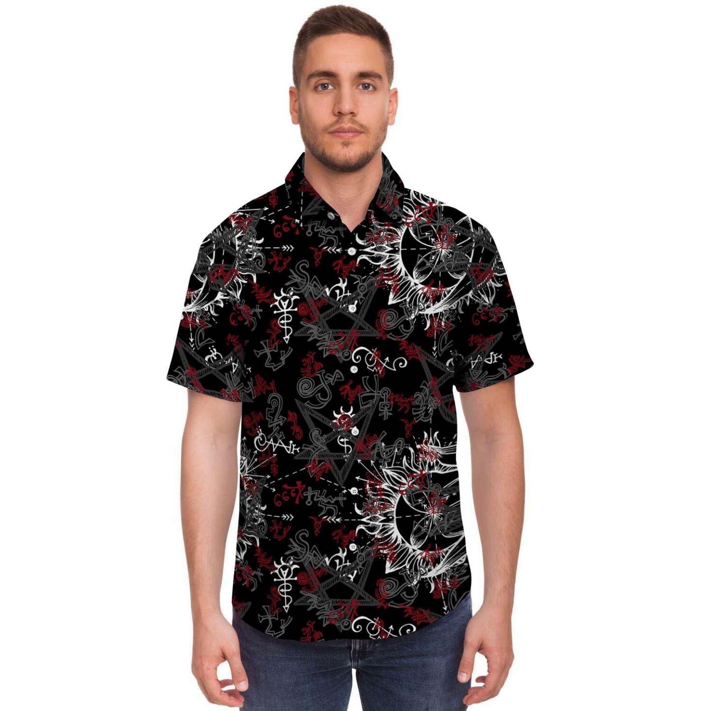 Magic Gothic Witch Men Print Short Sleeve Button-Up Shirts
