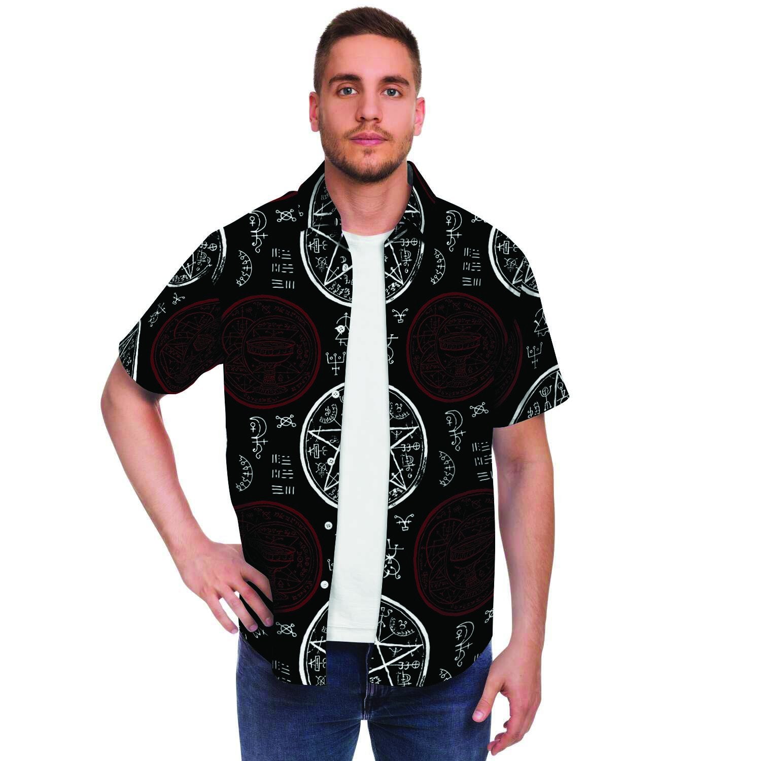 Magic Pentagram Gothic Witch Men Print Short Sleeve Button-Up Shirts